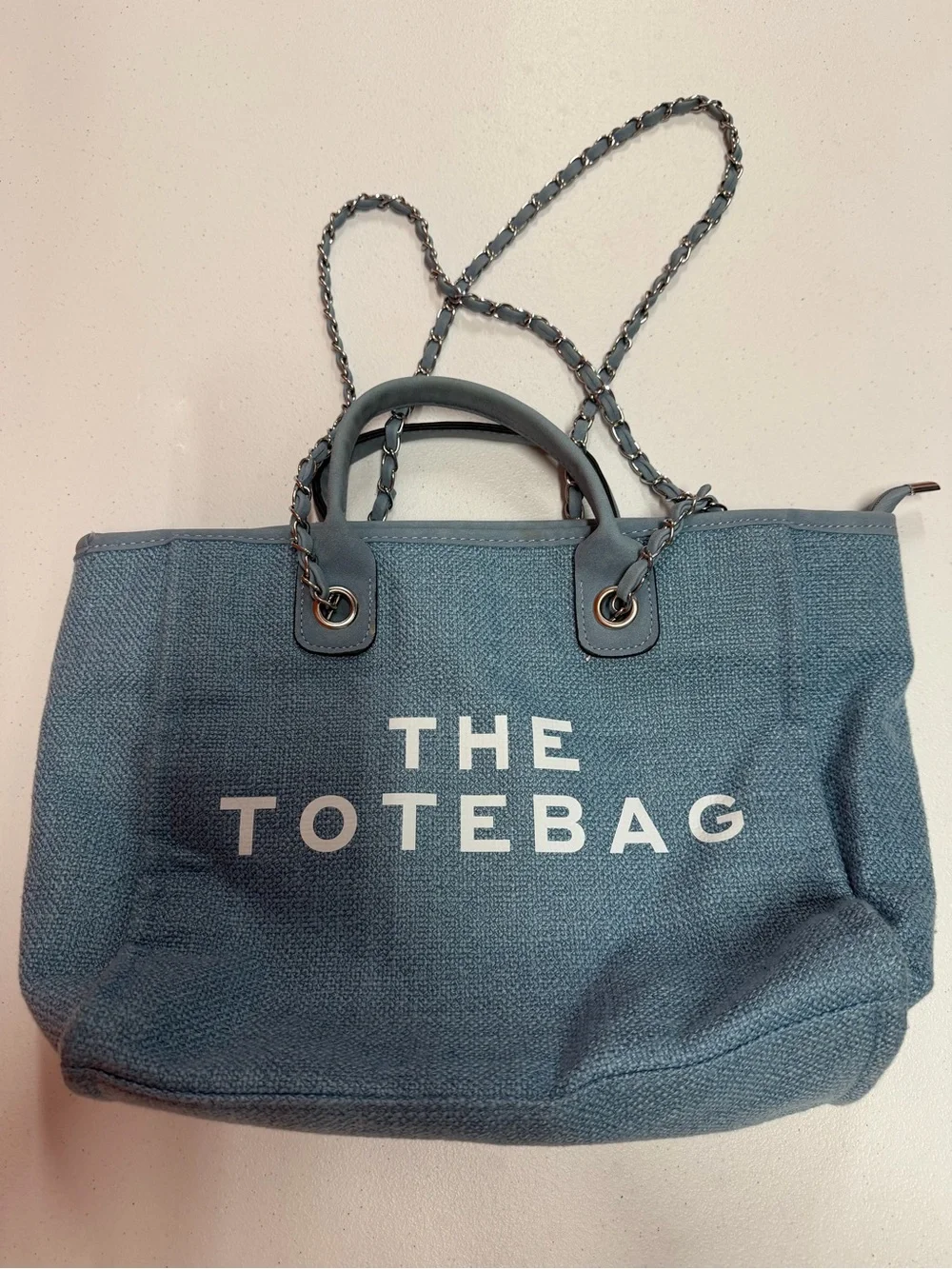 Blue “THE TOTEBAG” Large Woven Tote Shoulder Bag Chain Straps Top Handle B332